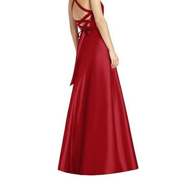 Alfred Sung D763..Full length, Halter, Lace-up Back, Satin Dress..Garnet.Size 8 - Picture 4 of 6